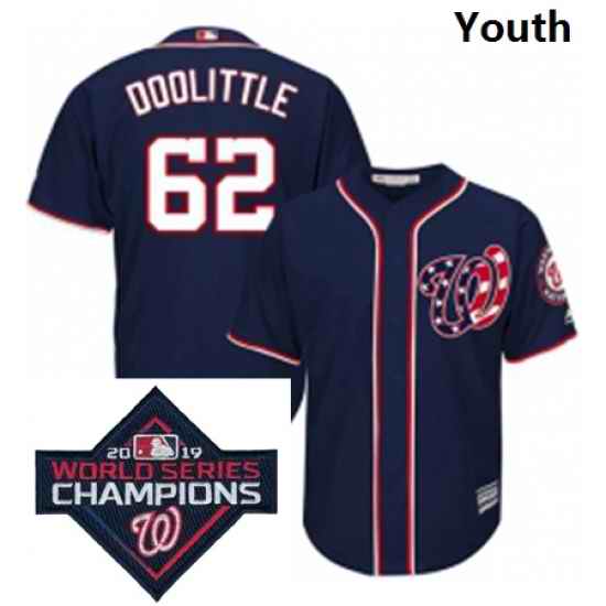 Youth Majestic Washington Nationals 62 Sean Doolittle Navy Blue Alternate 2 Cool Base MLB Stitched 2019 World Series Champions Patch Jersey